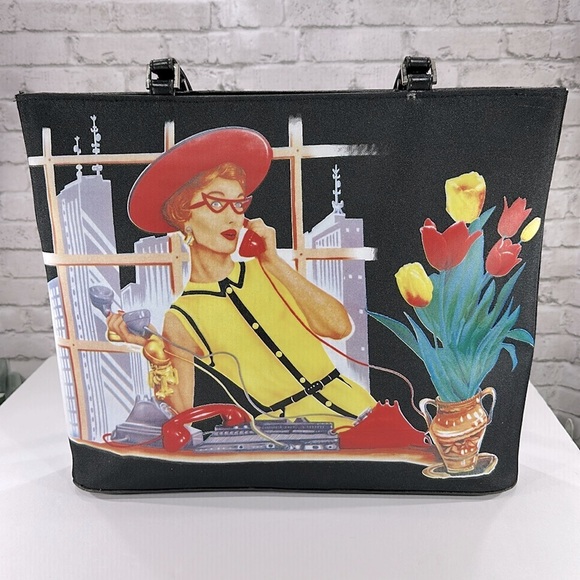 Vintage Inspired “Big City Socialite Lady” Black-Multi Retro Handbag Tote🖤EUC - Picture 4 of 10